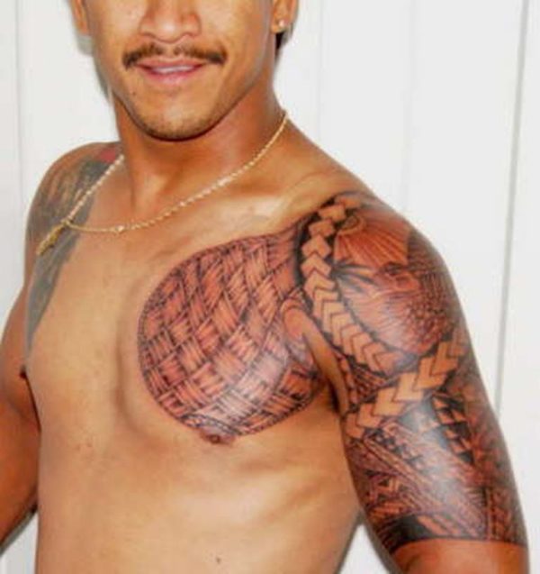 Polynesian Red Samoan Tattoo On Right Shoulder