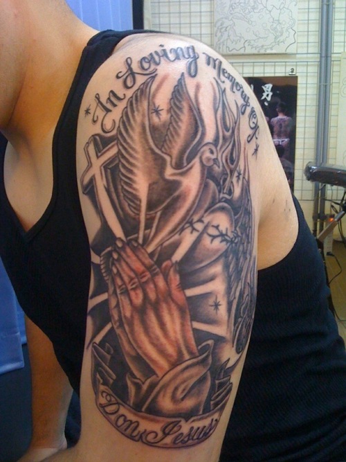 Praying Hands Shoulder Tattoo For Men