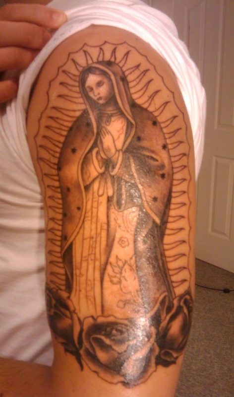 Praying Mary Tattoo On Left Shoulder