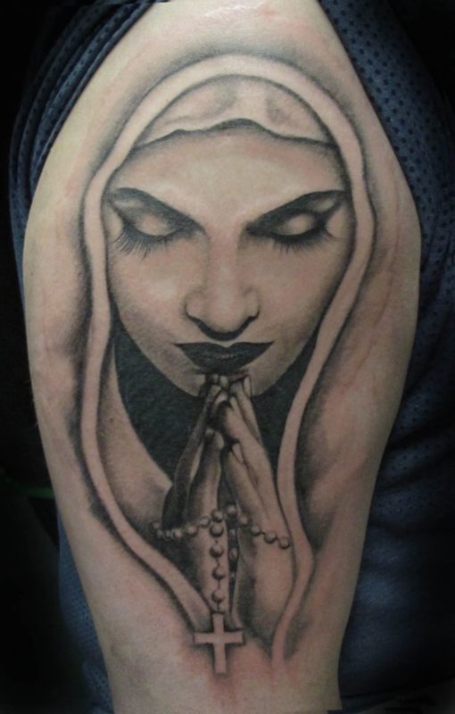 Praying Virgin Shoulder Tattoo Design