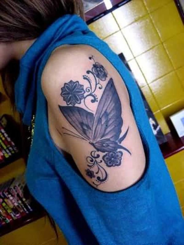 Purple Butterfly Cover Up Shoulder Tattoo