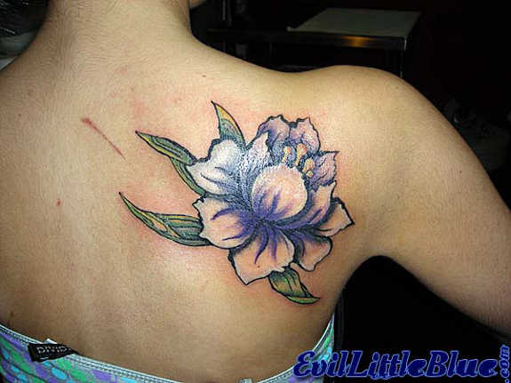 Purple Flower Tattoo On Back Shoulder