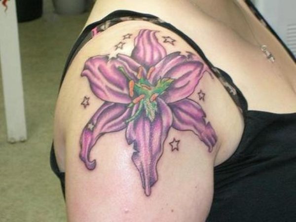 Purple Lily Tattoo On Right Shoulder