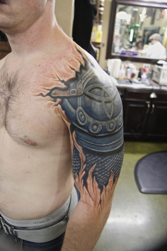 Realistic Armor Shoulder Tattoo Design