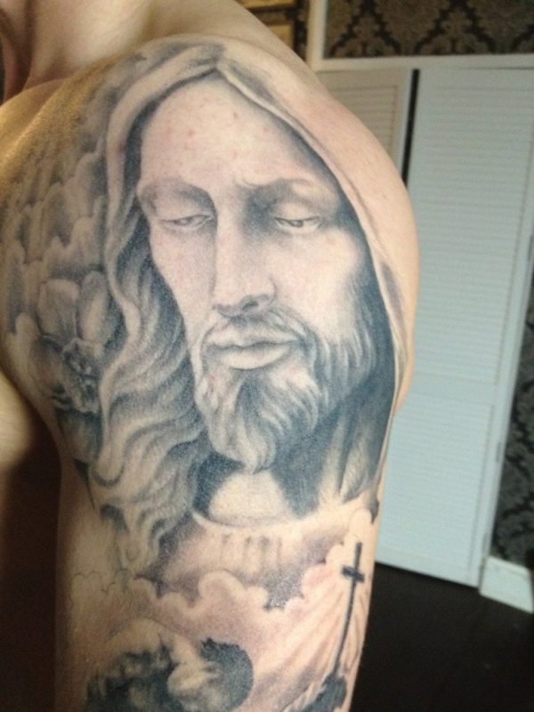 Realistic Christian Jesus Tattoo Design On Shoulder