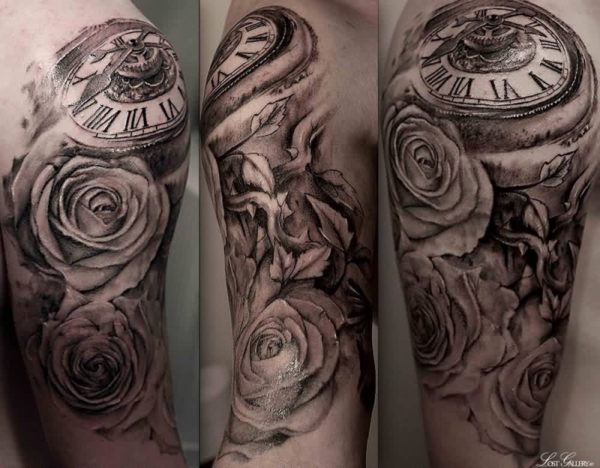 Realistic Clock And Roses Shoulder Tattoo Design