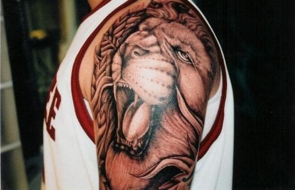 Realistic Colored Lion Shoulder Tattoo