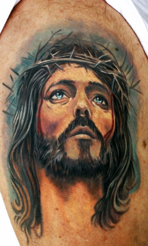 Realistic Jesus Tattoo On Shoulder