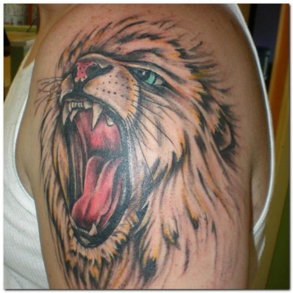 Realistic Lion Face Tattoo On Left Shoulder