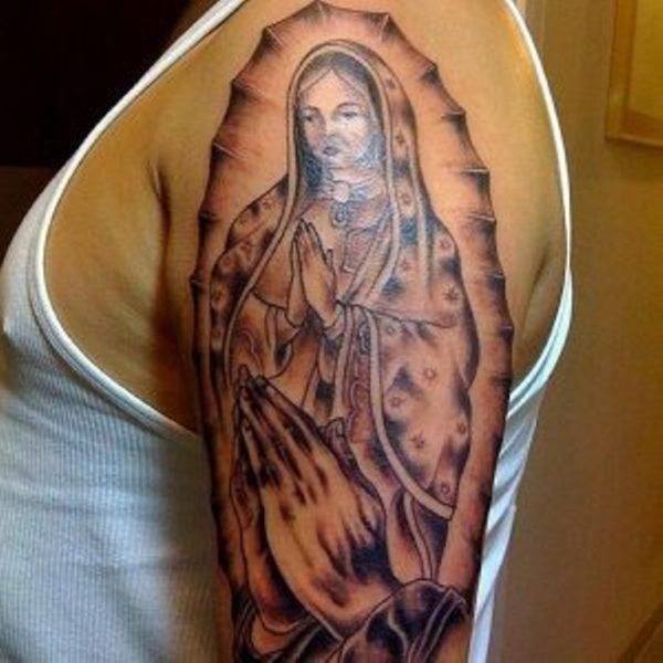 Realistic Mary Shoulder Tattoo Design