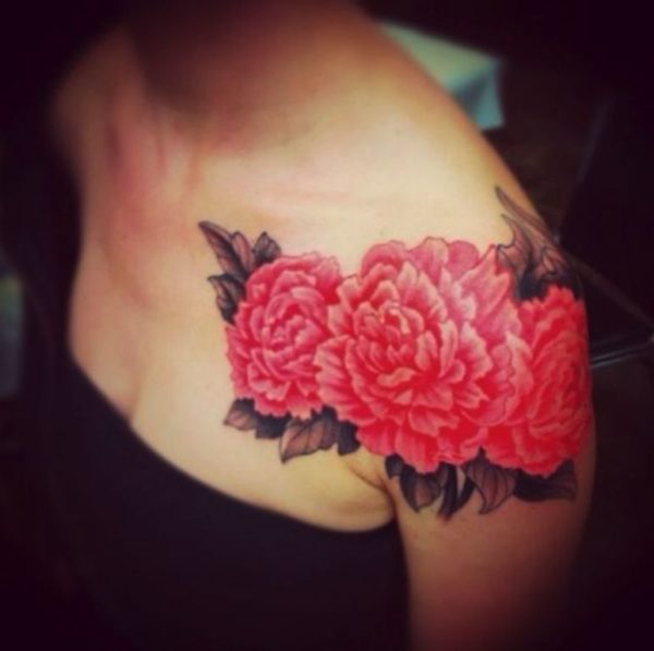 Realistic Peony Flowers Tattoo On Girl Left Shoulder