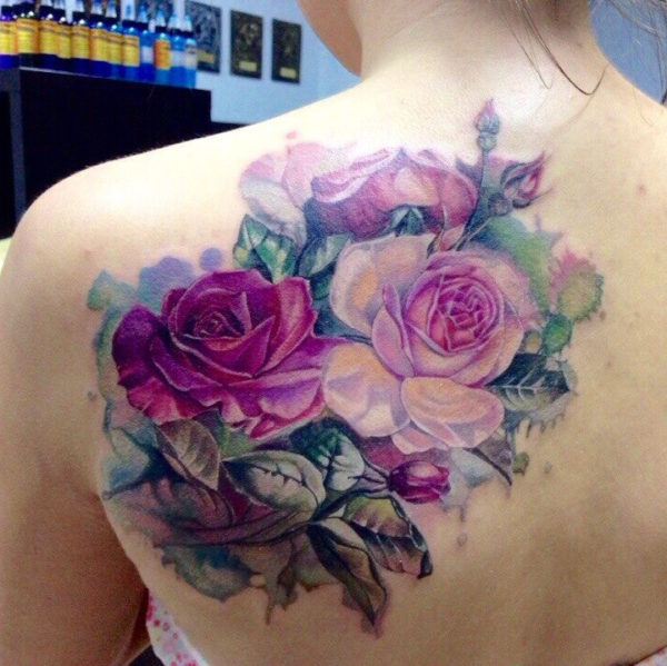 Realistic Pink Roses Shoulder Tattoo