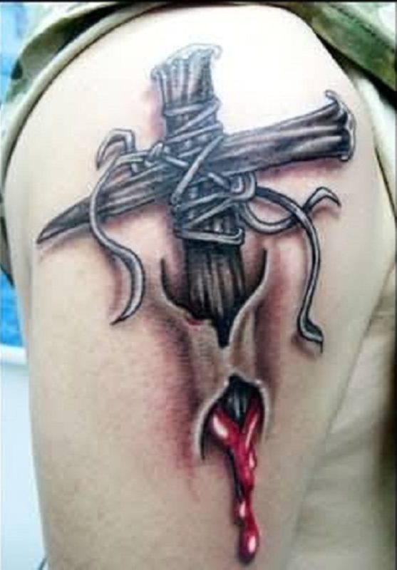 Realistic Ripped Skin Christian Cross Tattoo