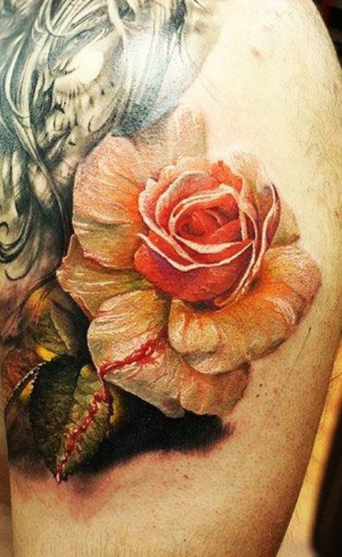 Realistic Rose Tattoo On Shoulder