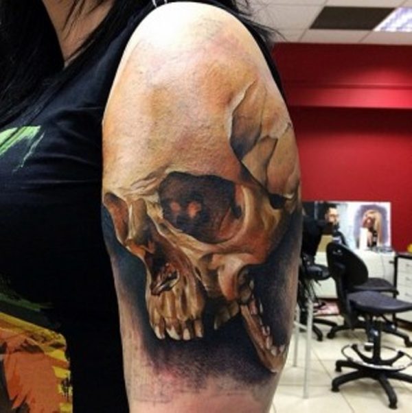 Realistic Skull Tattoo On Left Shoulder