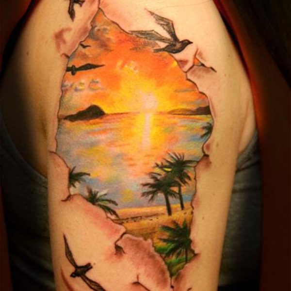 Realistic Sun Tattoo On Shoulder