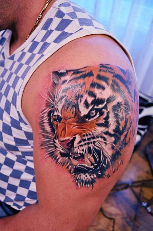 Realistic Tiger Head Shoulder Tattoo
