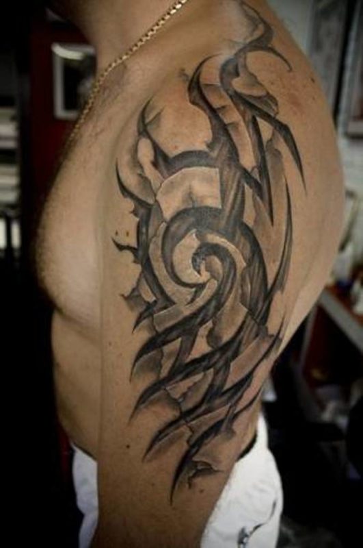 Realistic Tribal Shoulder Tattoo