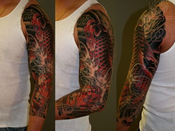 Red And Black Fish Shoulder Tattoo Design