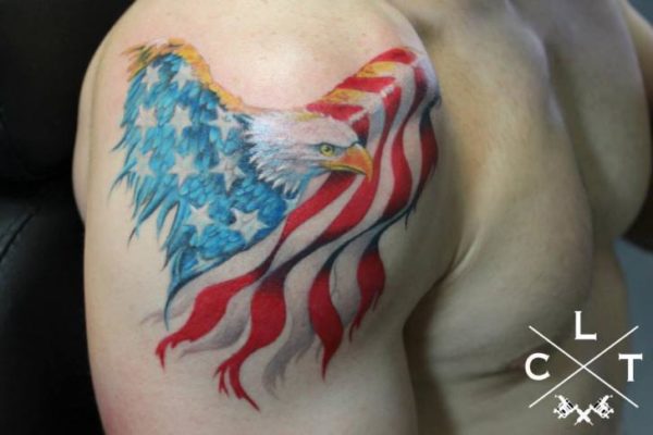 Red And Blue American Shoulder Tattoo
