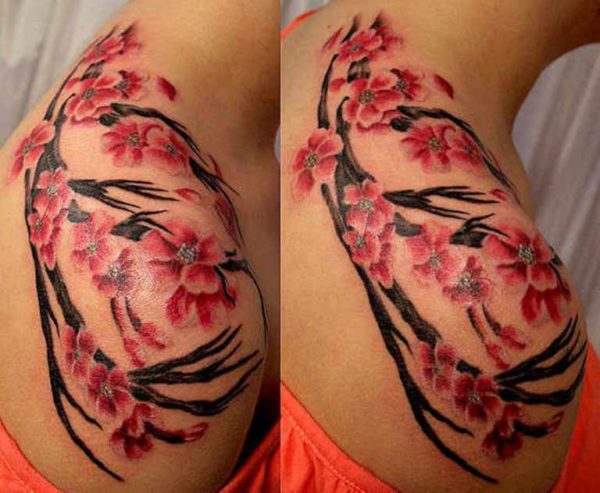 Red Blossom Cherry Design Tattoo