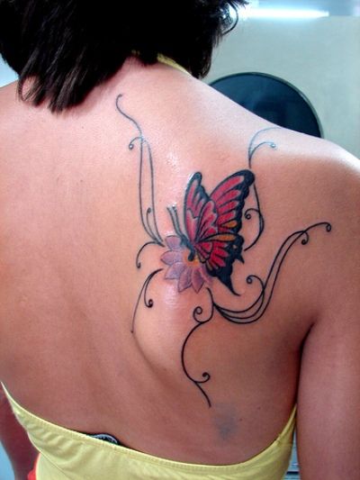 Red Butterfly Shoulder Blade Tattoo