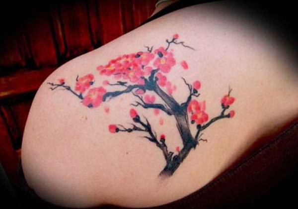 Red Cherry Blossom Flower Designer Tattoo