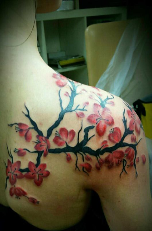 Red Cherry Blossom Flowers Tattoo