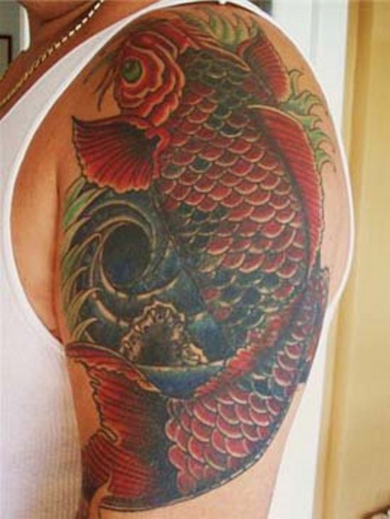 Red Fish Tattoo Design On Left Shoulder