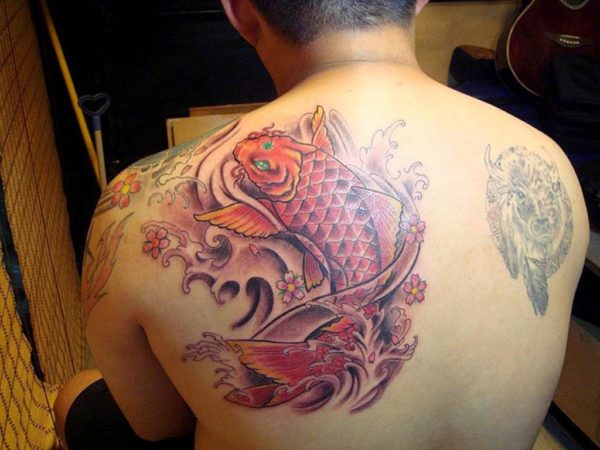 Red Fish Tattoo On Shoulder Back