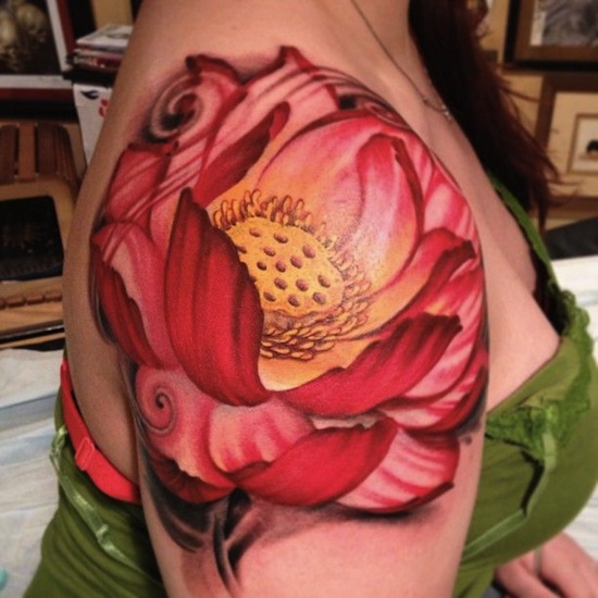 Red Flower Shoulder Tattoo On Right Shoulde