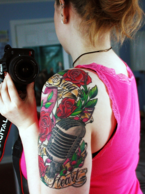Red Flowers Shoulder Tattoo