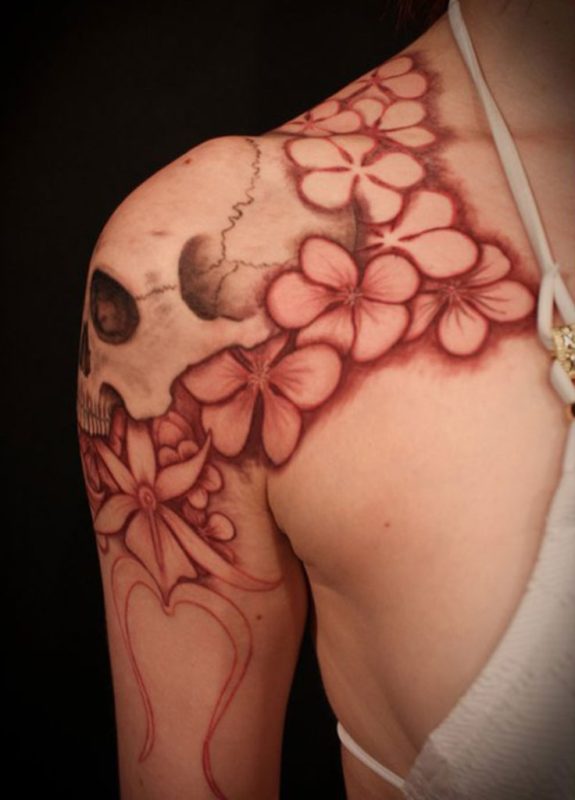 Red Flowers Tattoo On Left Shoulder