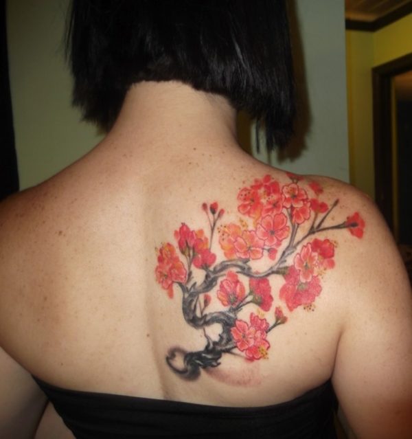 Red Flowers Tattoo On Shoulder Back