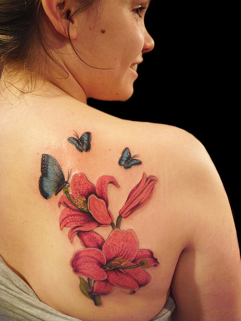 Red Lily Shoulder Tattoo For Women