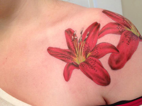 Red Lily Shoulder Tattoo