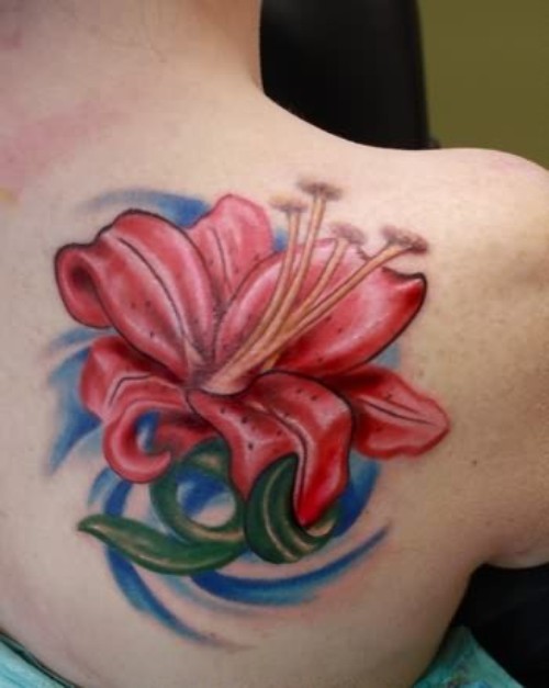 Red Lily Tattoo On Back Shoulder 