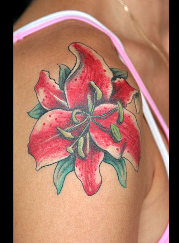 Red Lily Tattoo On Right Shoulder