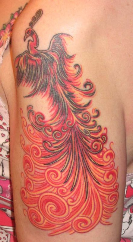 Red Phoenix Tattoo On Left Shoulder