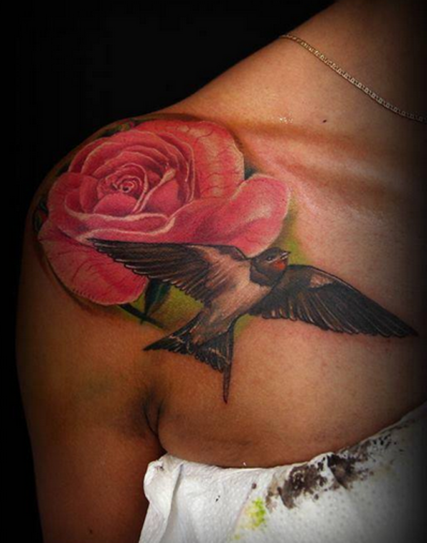Red Rose Flower Tattoo On Shoulder