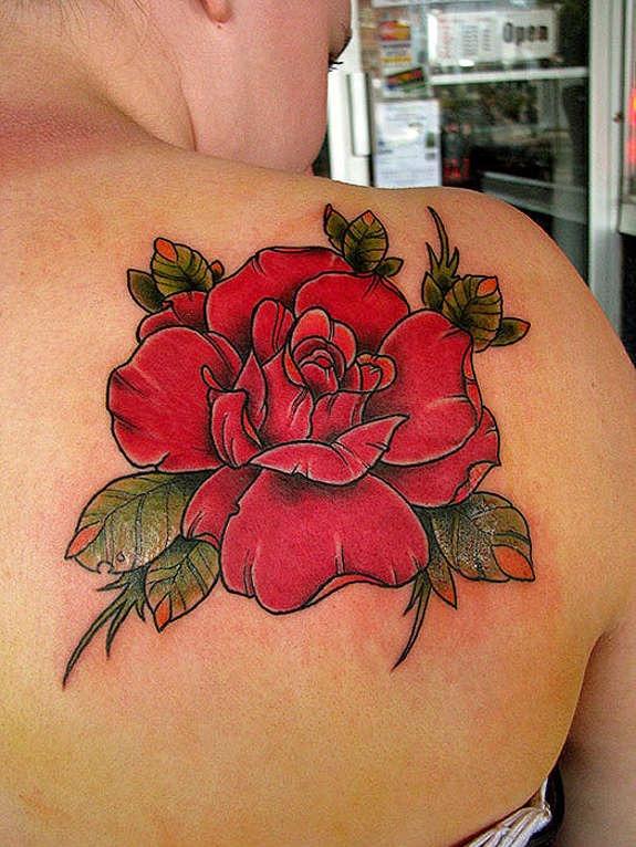 Red Rose Tattoo On Shoulder Back