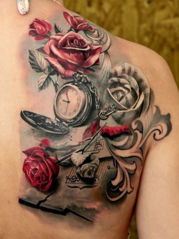 Red Roses Clock Tattoo Design