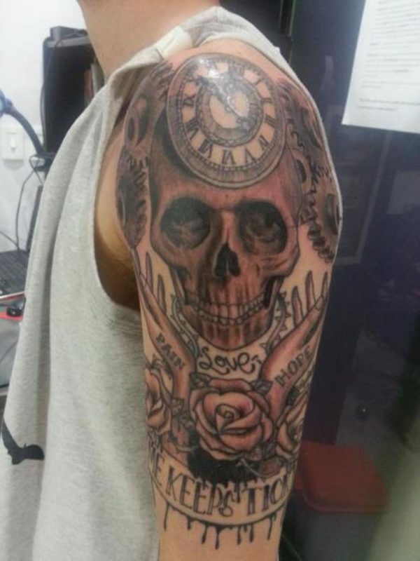 Red Skull And Clock Tattoo Design