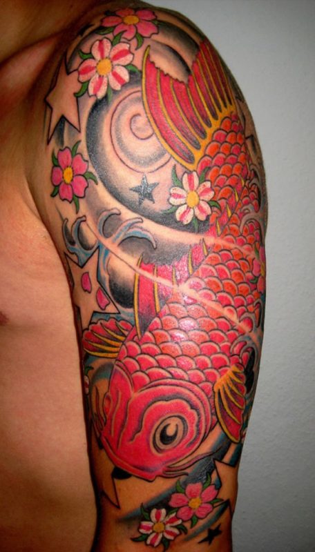 Red Sleeves Fish Tattoo