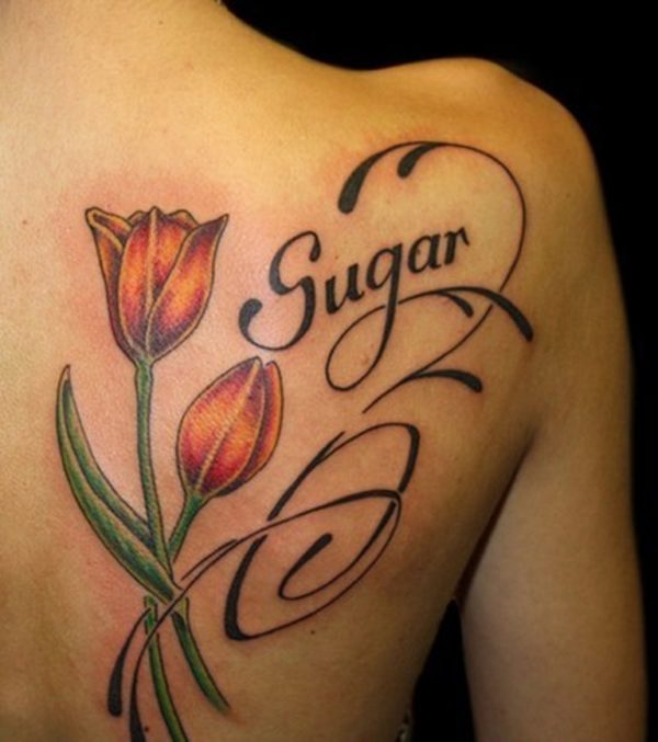 Red Tulips Flowers With Lettering Tattoo