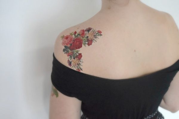 Red Vintage Flower Tattoo On Shoulder Back