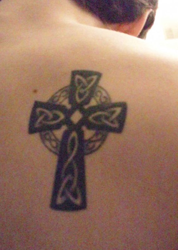 Religious Cross Tattoo On Shoulder Back