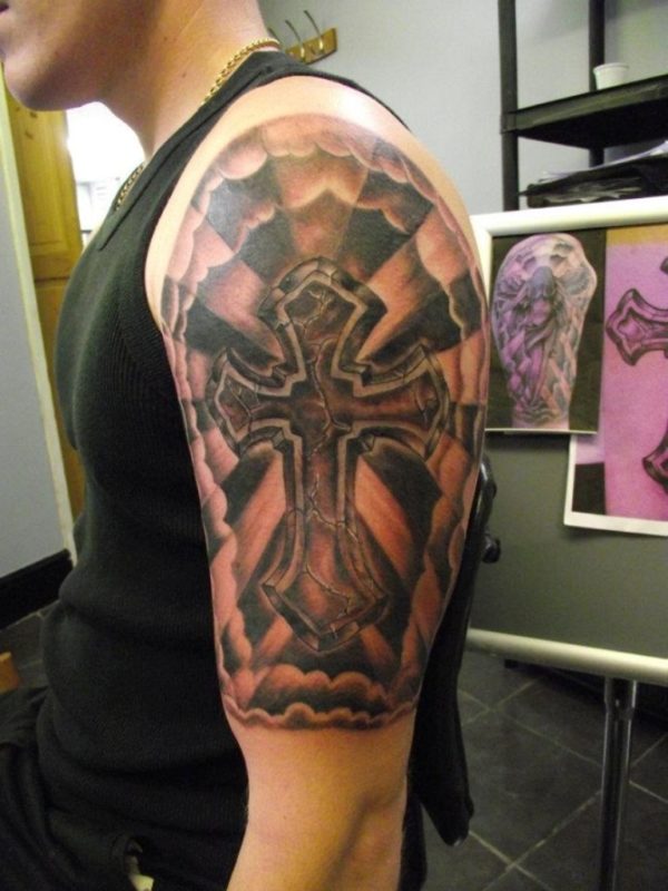 Religious Half Sleeves Cross Tattoo