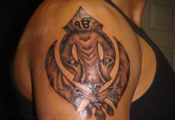 Religious Khanda And Lion Tattoo