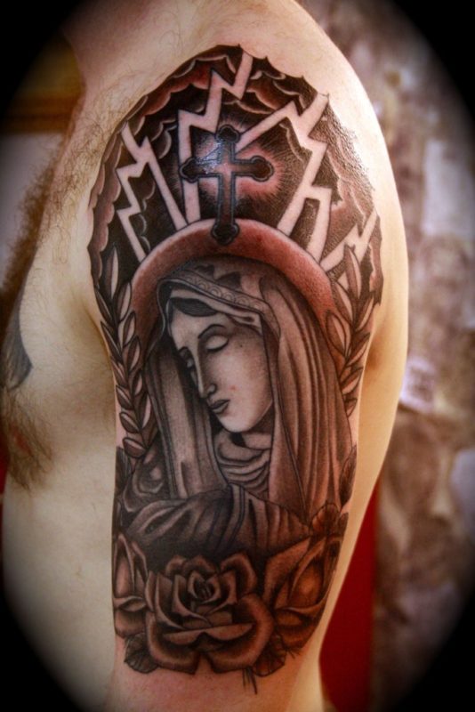 Religious Sleeve Shoulder Tattoo